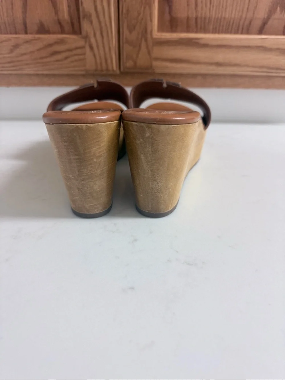 Tory Burch Cognac Leather Slide Platform Sandals with Logo Cutout